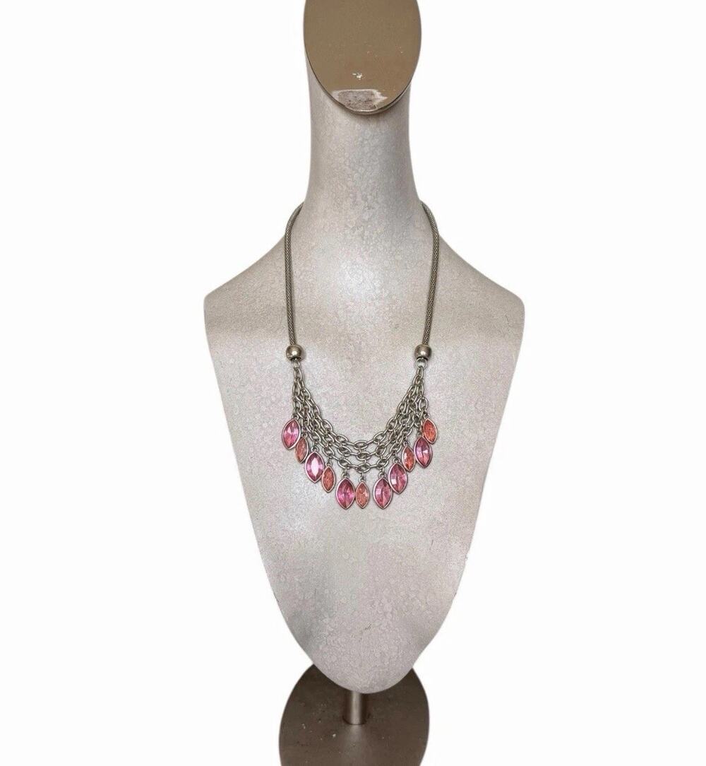 Pink Glass Crystal Statement Bib Necklace Silver Tone Layered Chain Boho